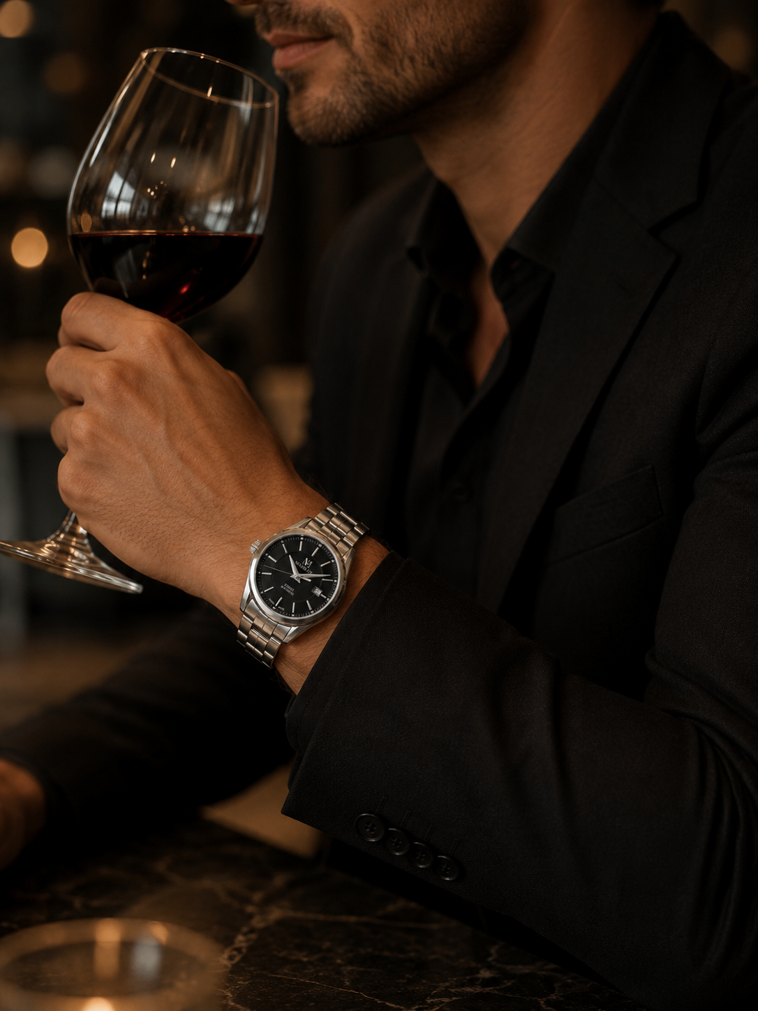 Man wearing a Swiss automatic watch while holding a glass of red wine in an elegant setting.