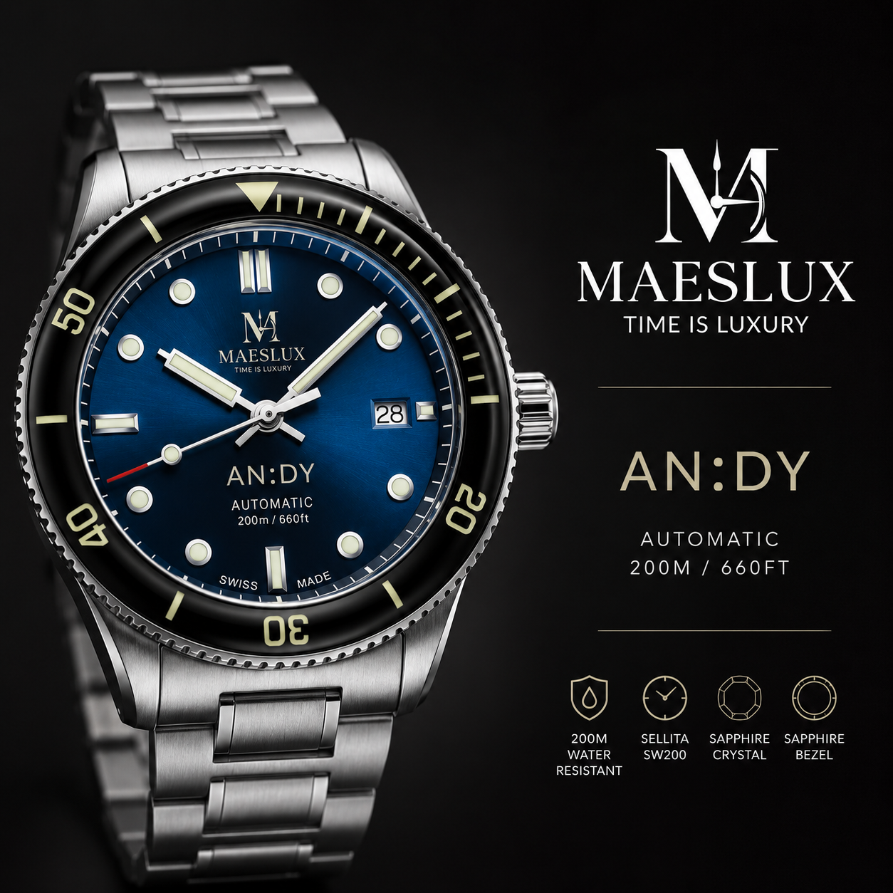 MAESLUX AN:DY Diver Automatic | Swiss Made Sellita SW200 Watch