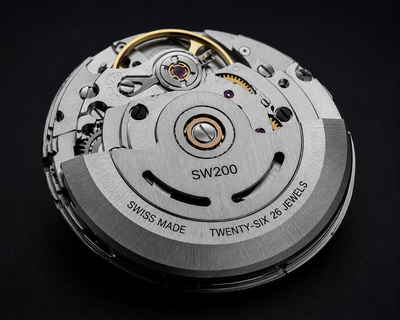 Close-up of Sellita SW200 movement, showcasing precise mechanics of a Swiss automatic watch.