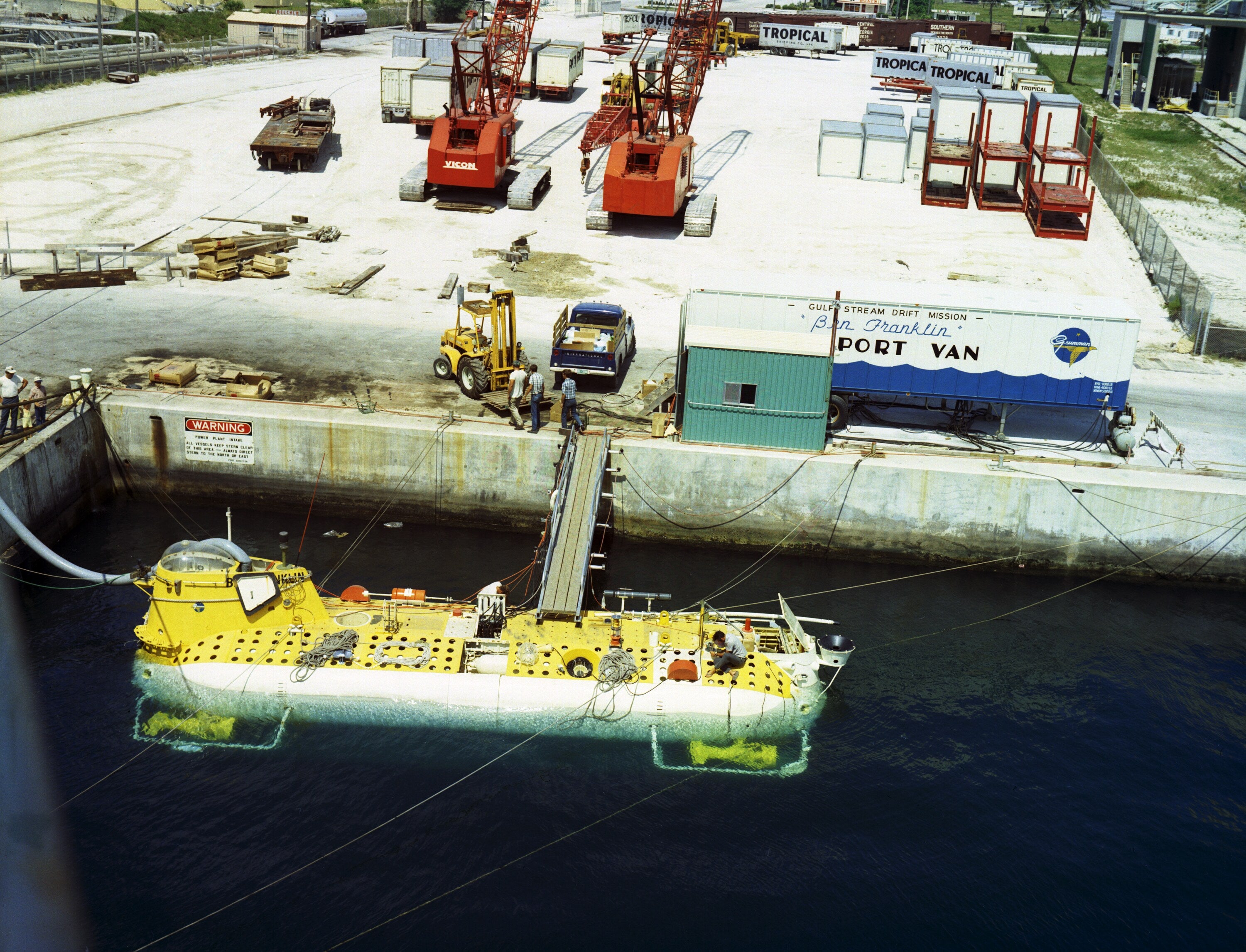 Aerial view of the Swiss-built Ben Franklin PX-15 at dock in July 1969